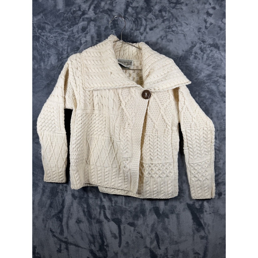 Aran Sweater Market Cardigan Womens L White Wool Cable Knit Shawl Collar Ireland